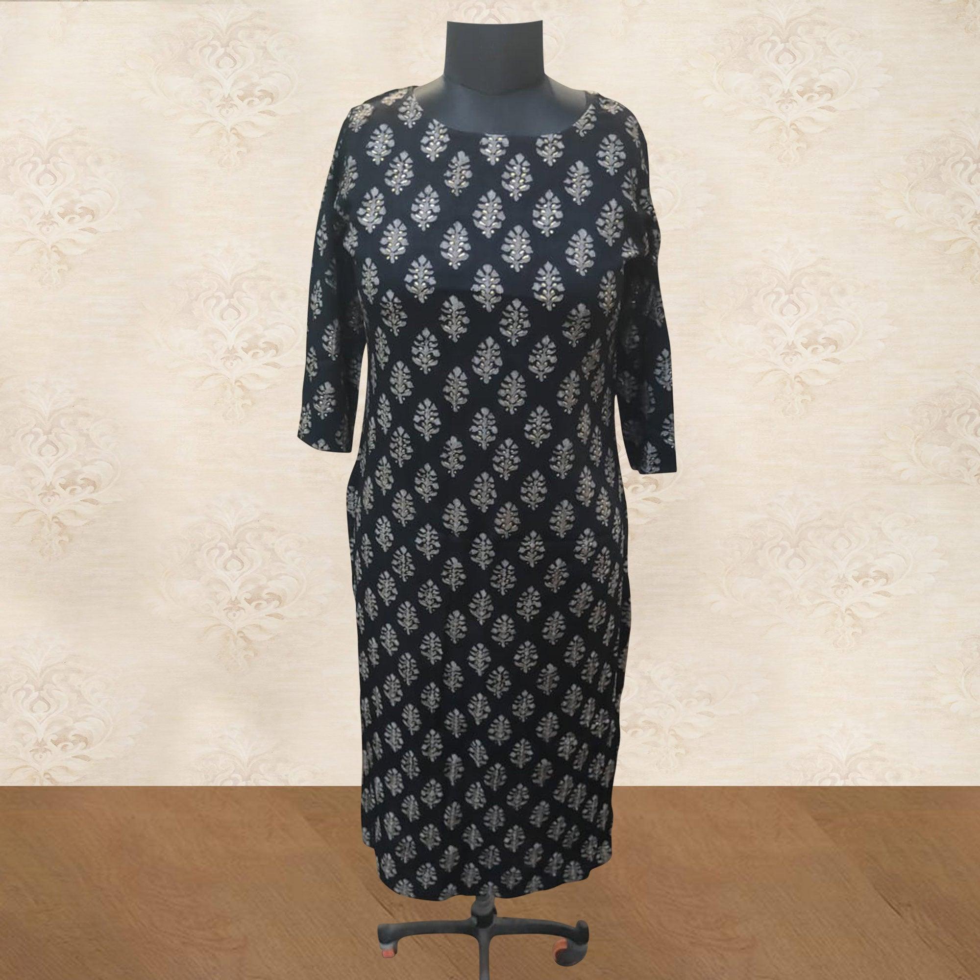 Black Printed Rayon Kurti - Peachmode