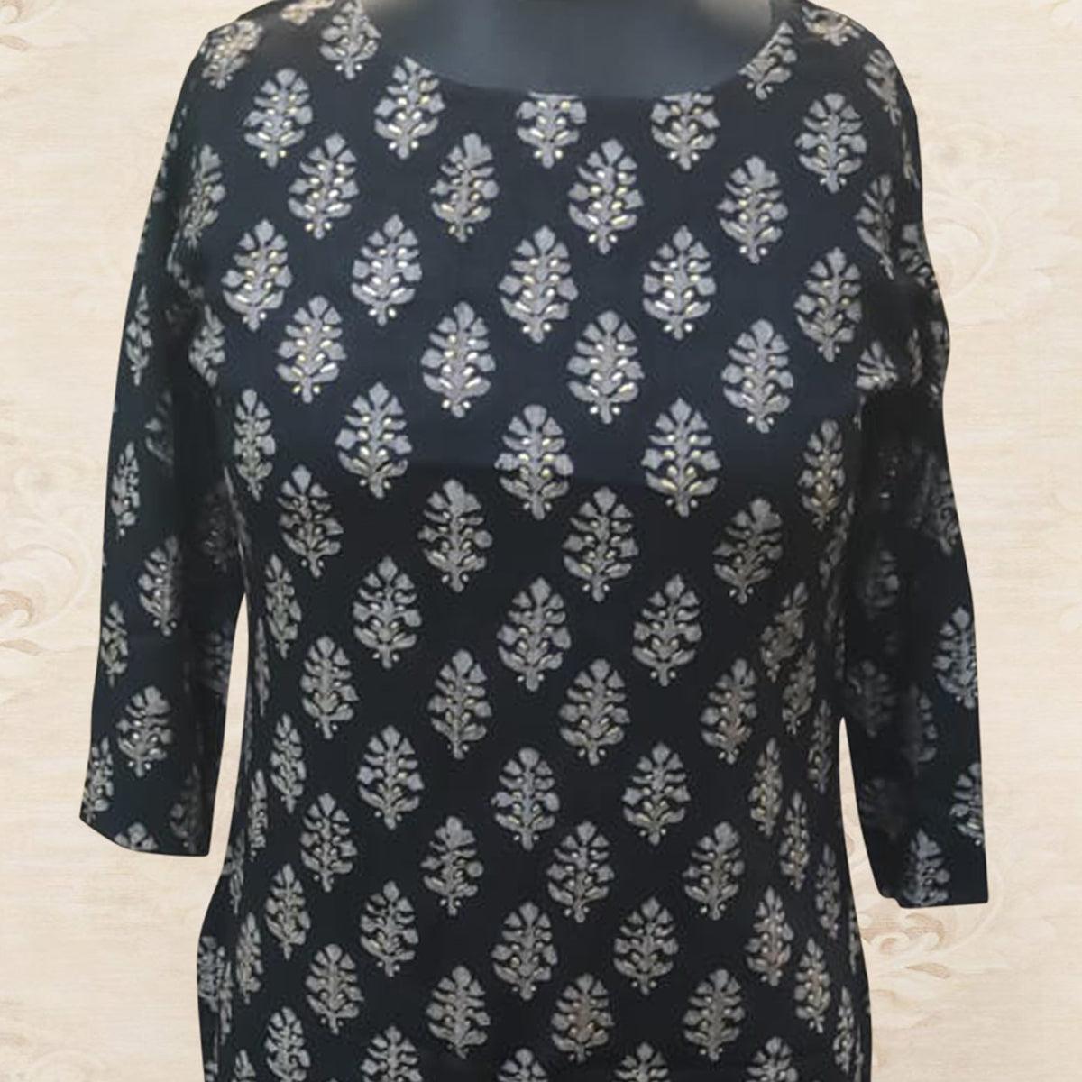 Black Printed Rayon Kurti - Peachmode
