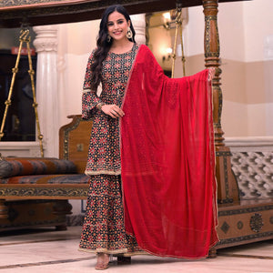 Black Printed Rayon Sharara Suit - Peachmode