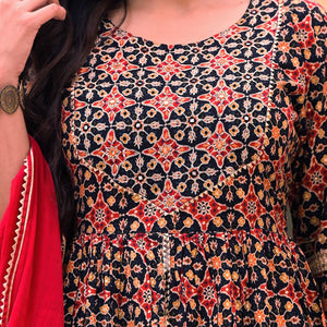 Black Printed Rayon Sharara Suit - Peachmode