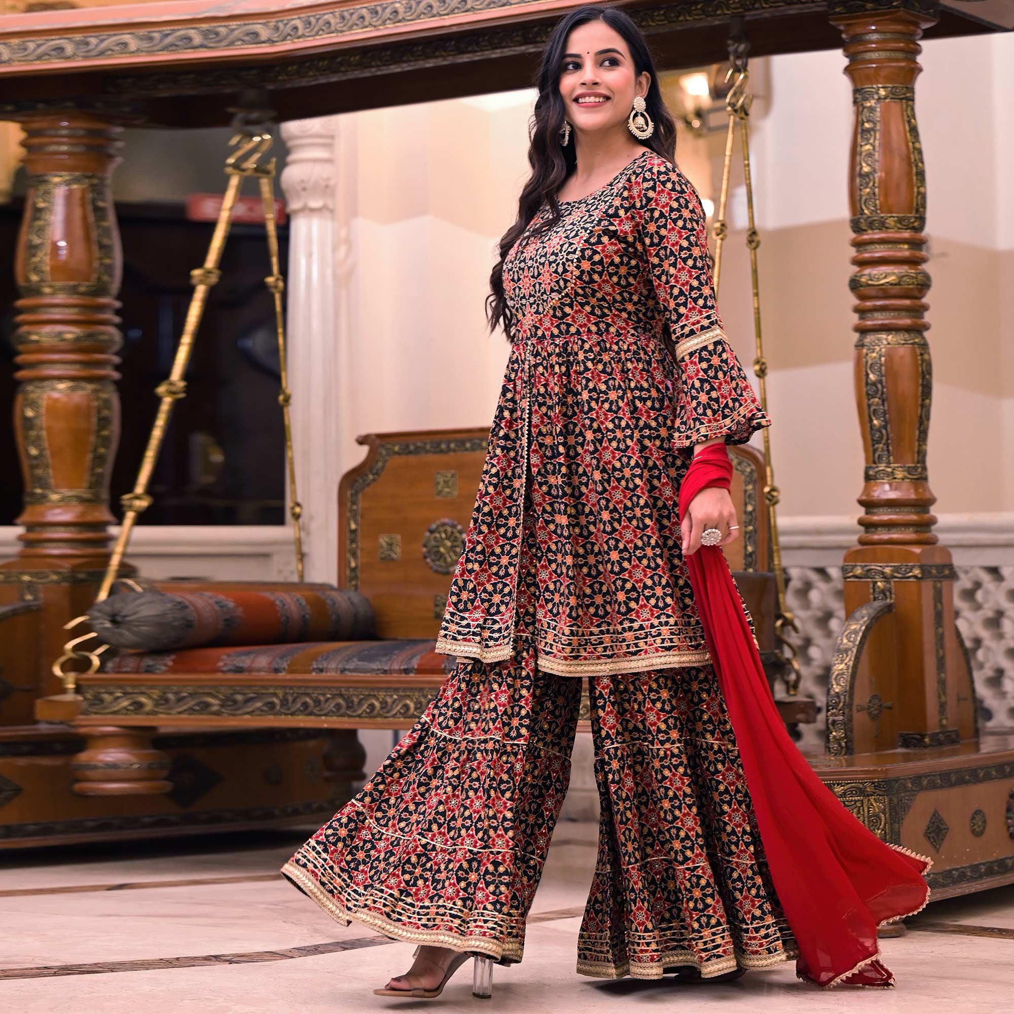 Black Printed Rayon Sharara Suit - Peachmode
