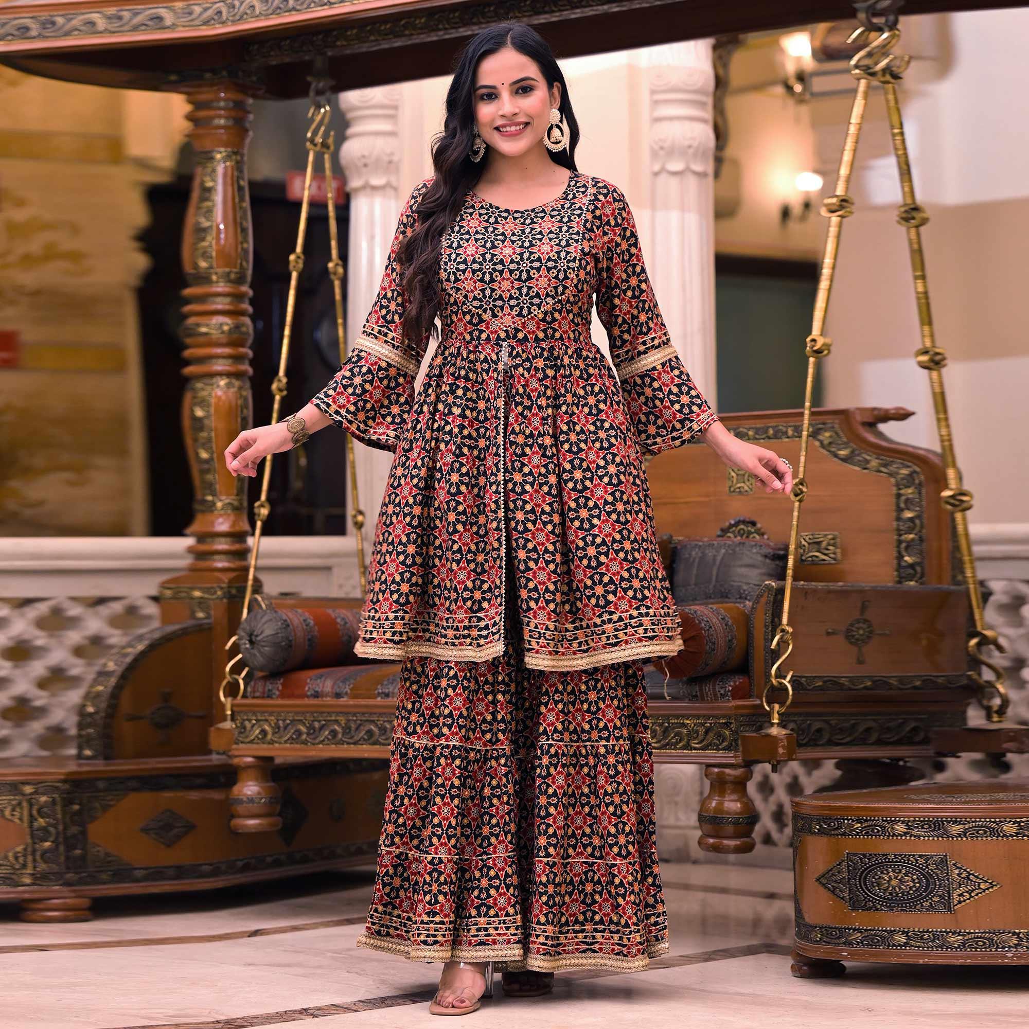 Black Printed Rayon Sharara Suit - Peachmode