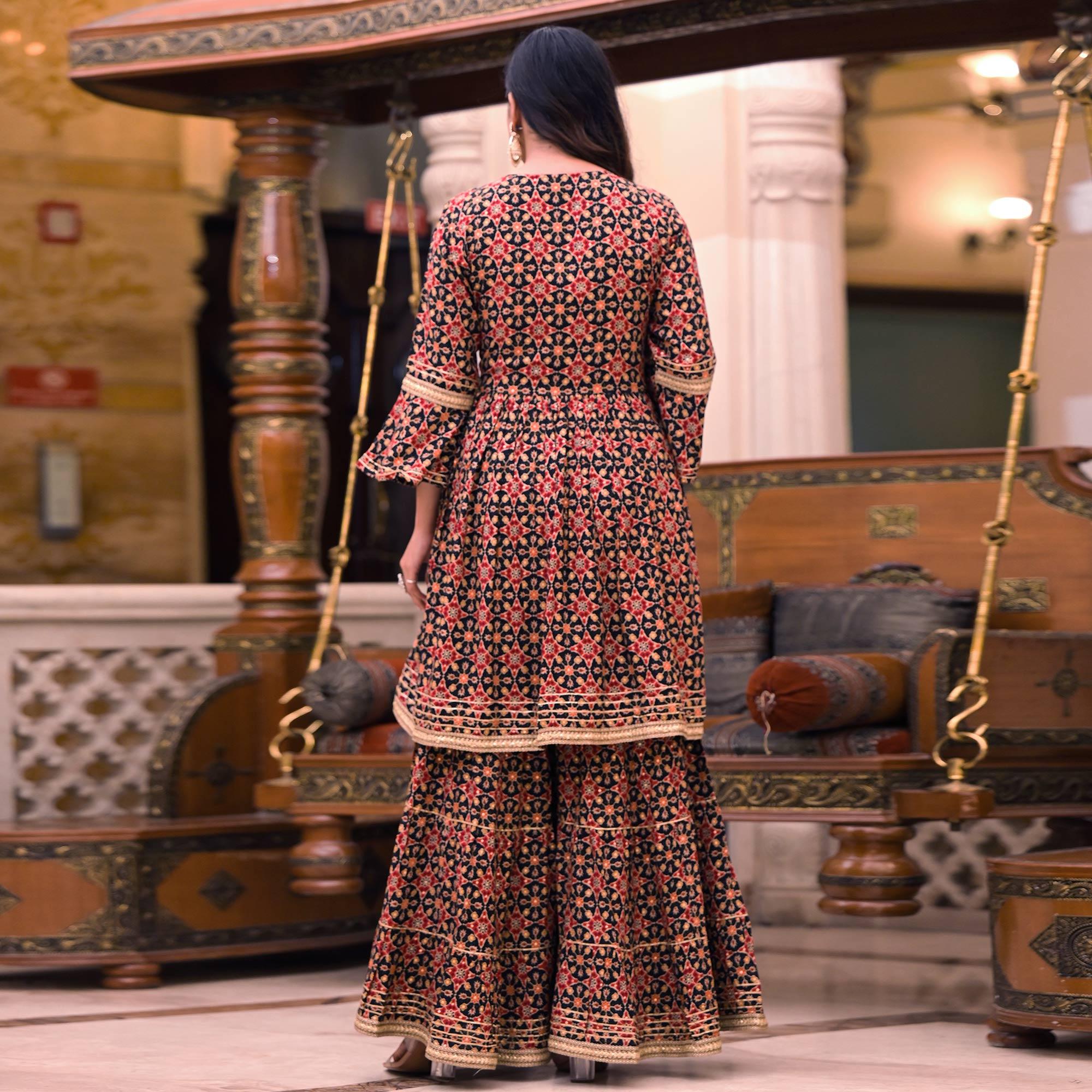 Black Printed Rayon Sharara Suit - Peachmode