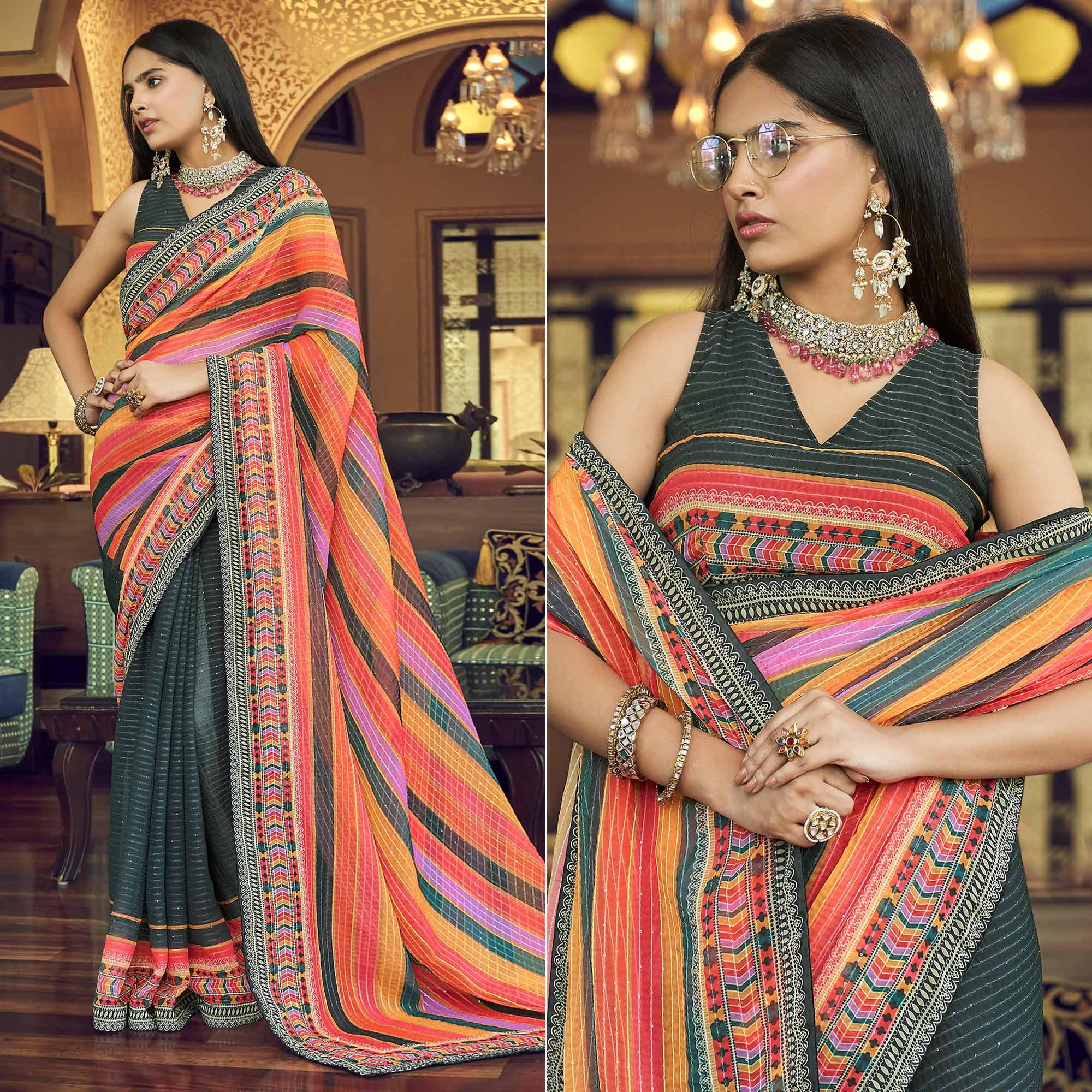 Black Printed With Embellished Georgette Half and Half Saree - Peachmode