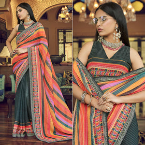 Black Printed With Embellished Georgette Half and Half Saree - Peachmode