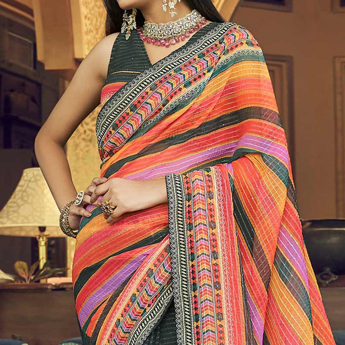 Black Printed With Embellished Georgette Half and Half Saree - Peachmode