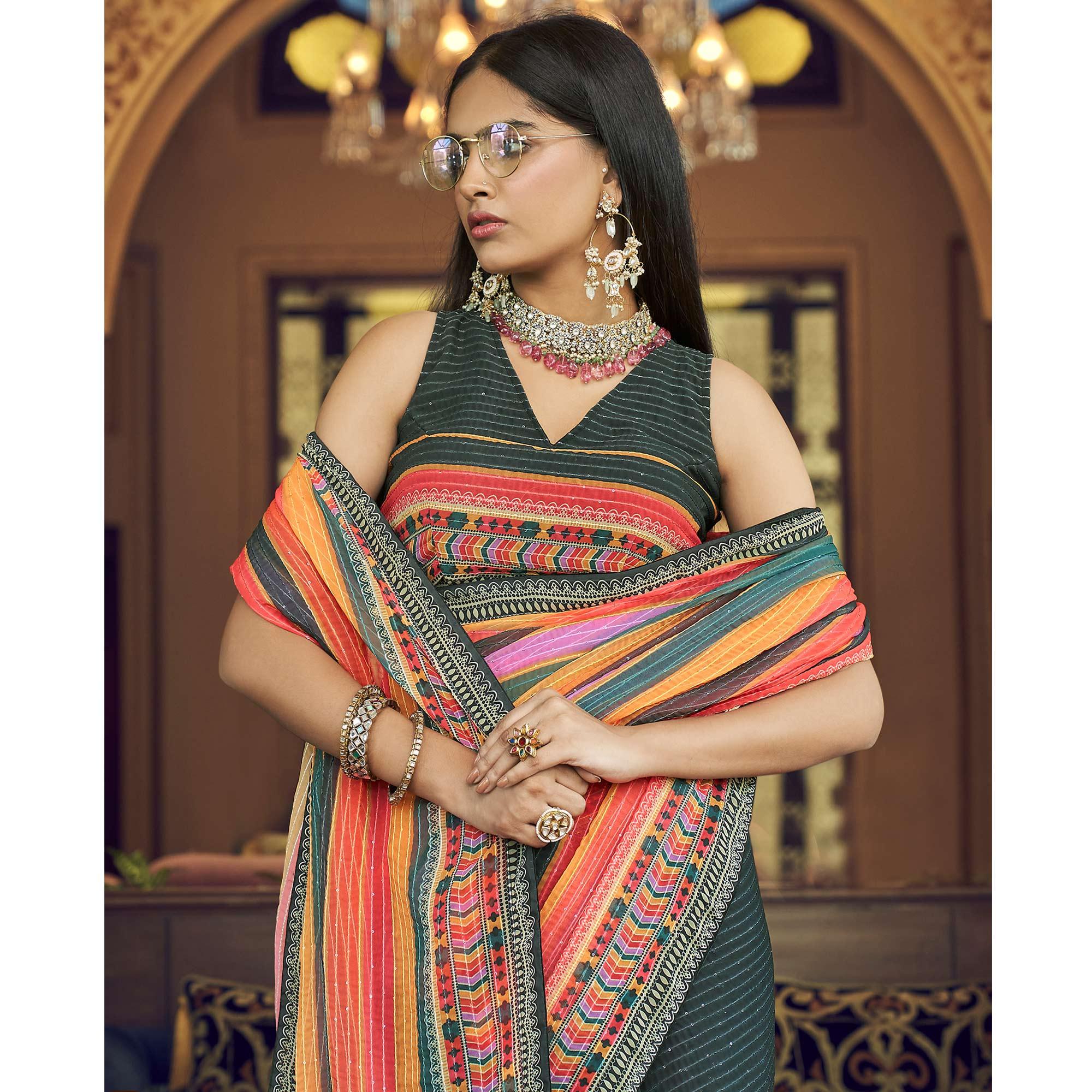 Black Printed With Embellished Georgette Half and Half Saree - Peachmode