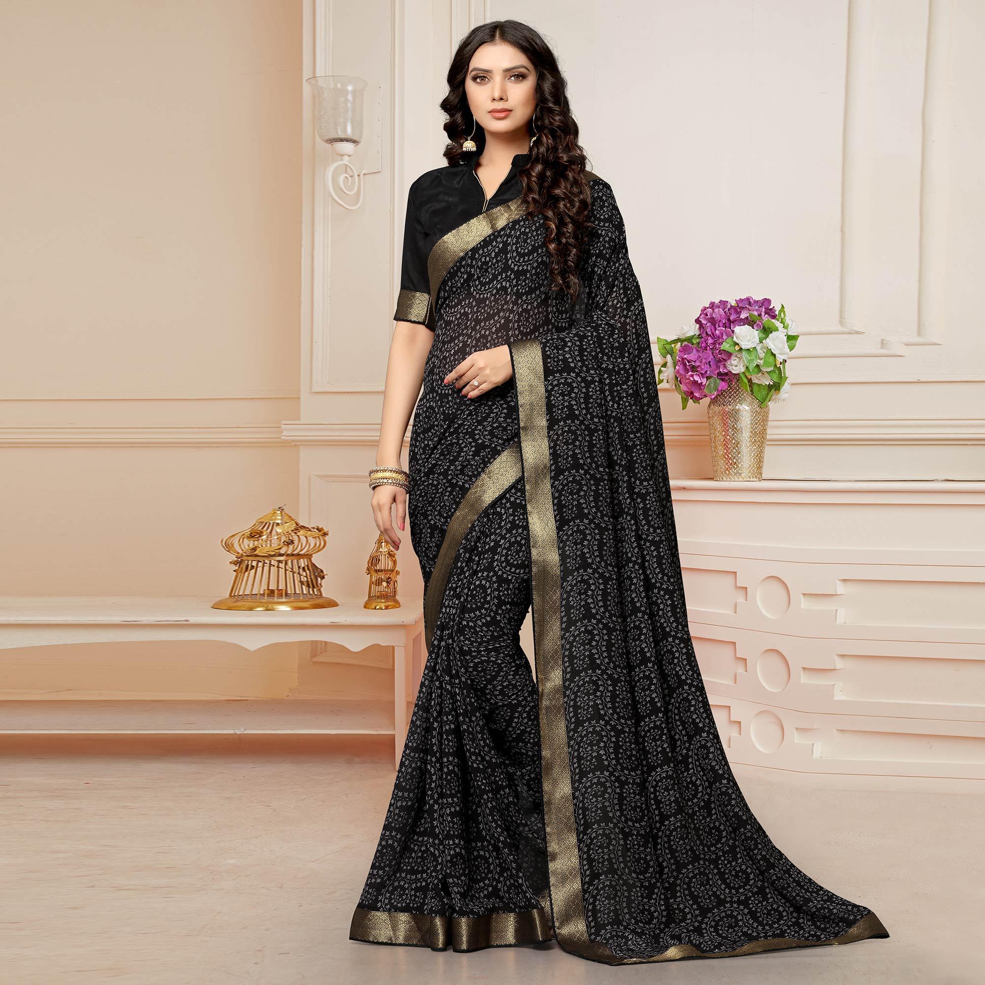 Black Printed With Woven Border Georgette Saree - Peachmode