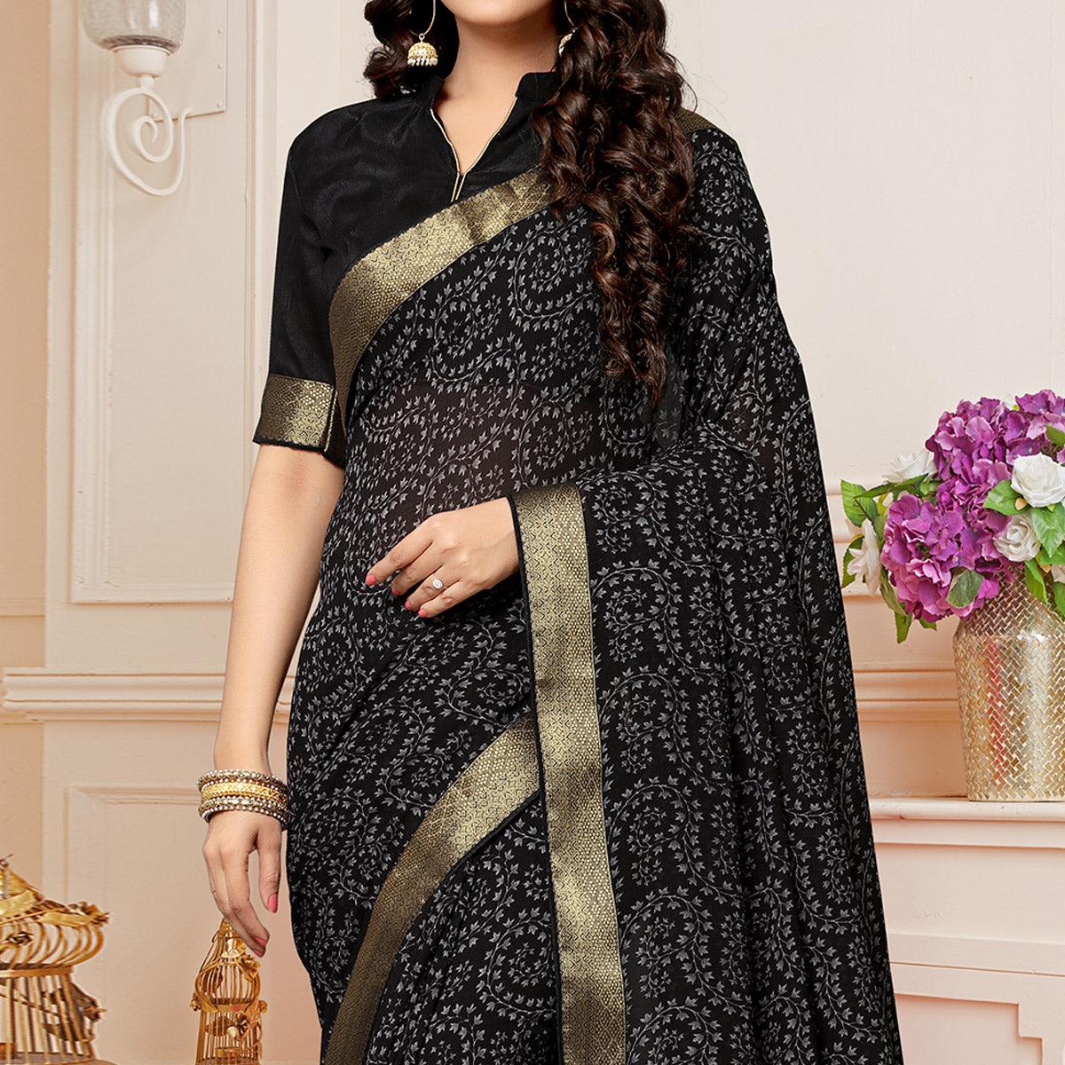Black Printed With Woven Border Georgette Saree - Peachmode