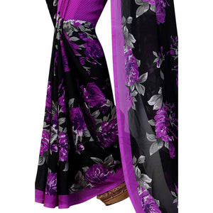 Black-Purple Casual Wear Printed Georgette Saree - Peachmode