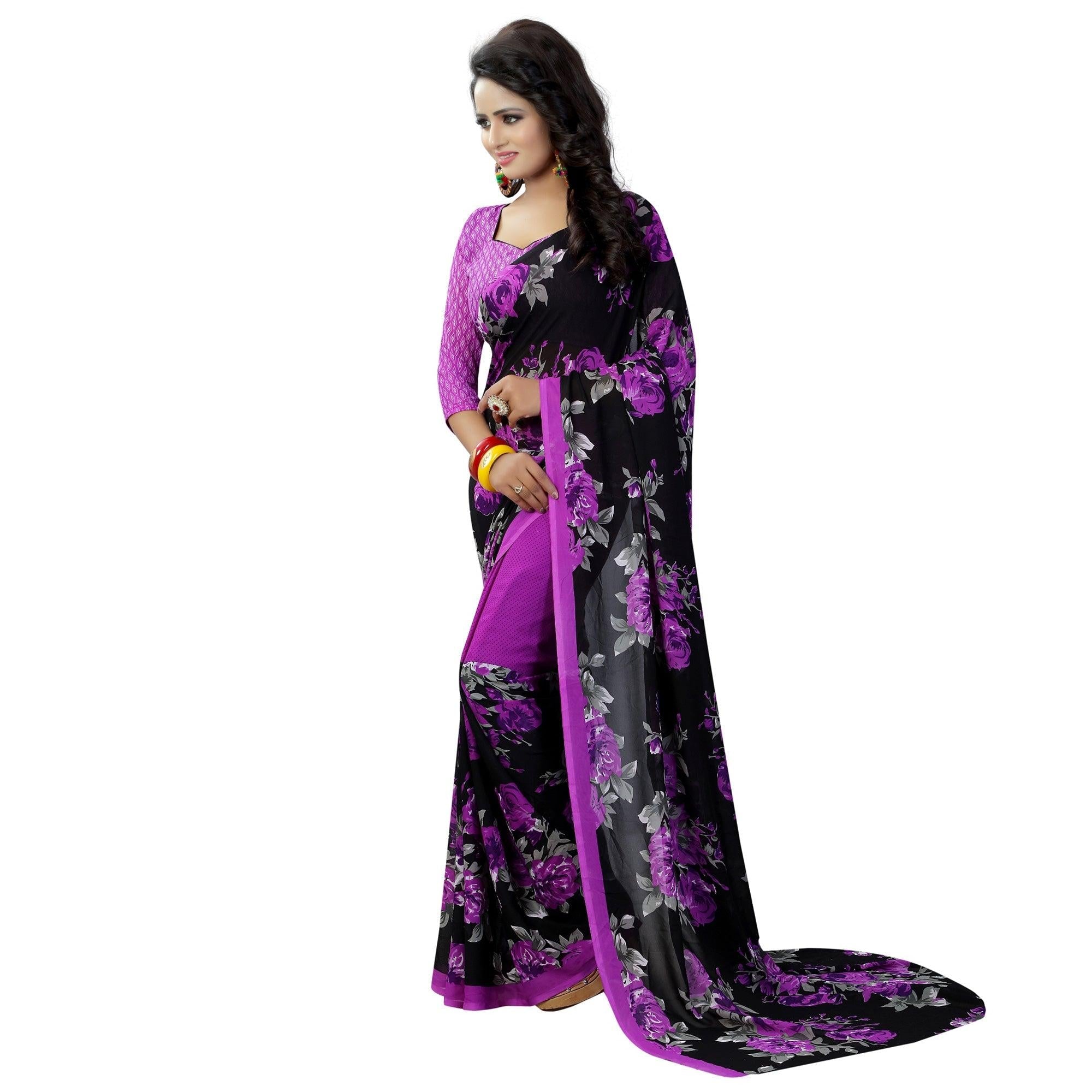 Black-Purple Casual Wear Printed Georgette Saree - Peachmode