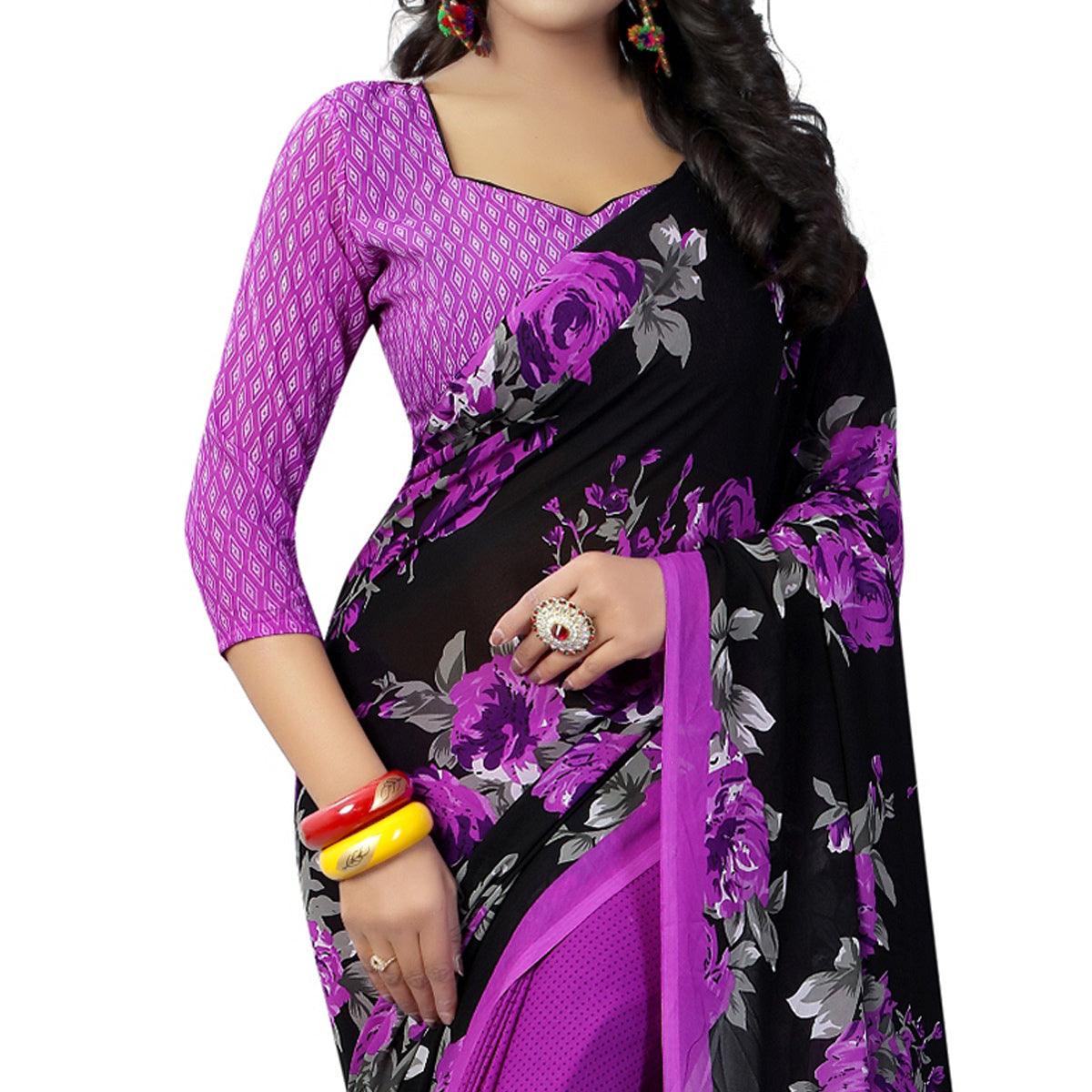 Black-Purple Casual Wear Printed Georgette Saree - Peachmode