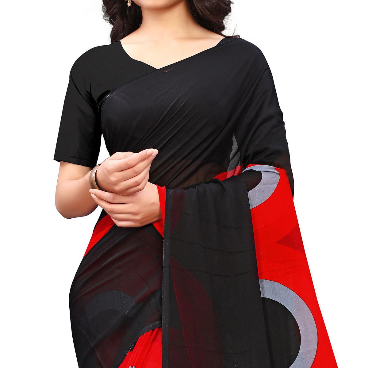 Black-Red Casual Wear Printed Georgette Saree - Peachmode