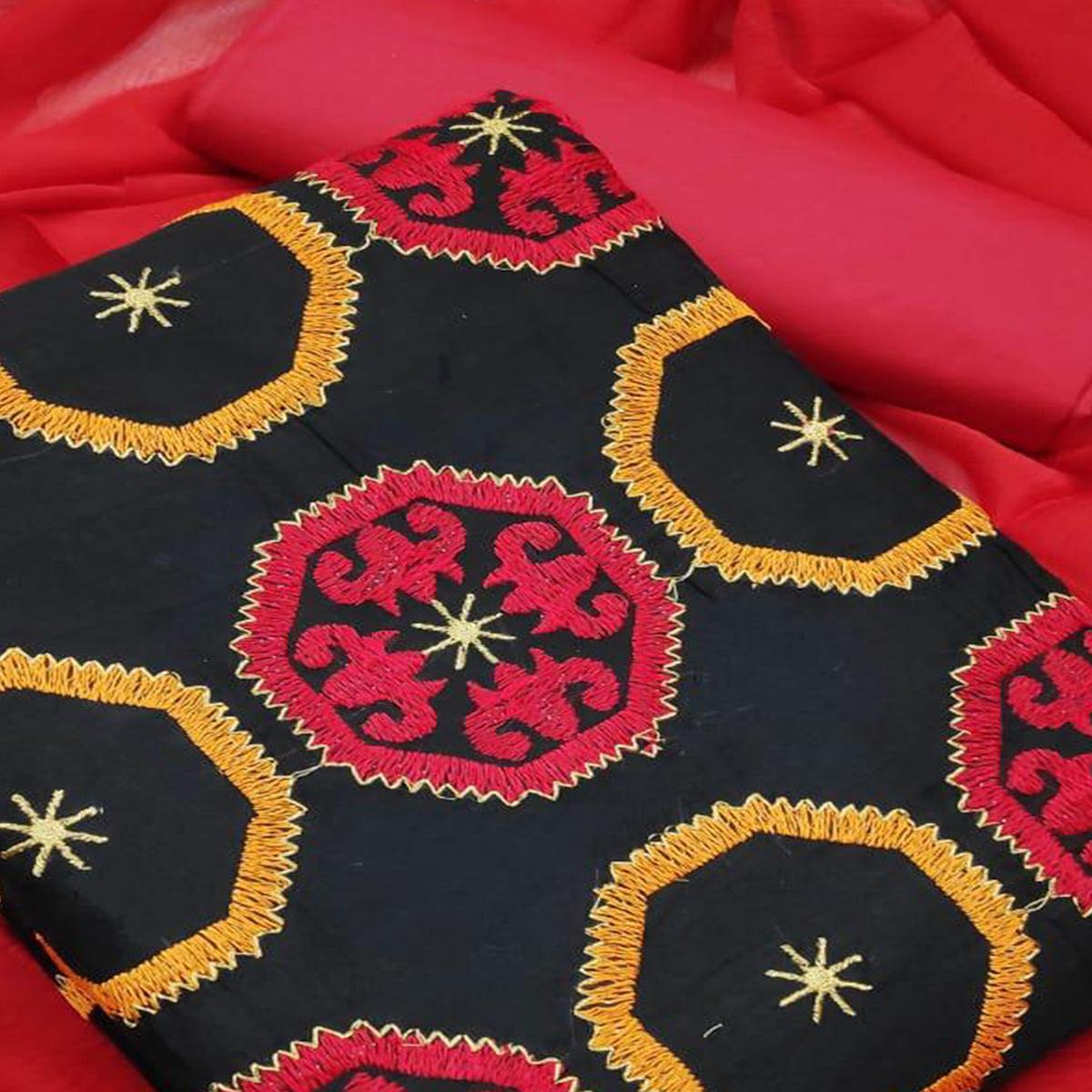 Black - Red Embroidered Chanderi Dress Material - Peachmode