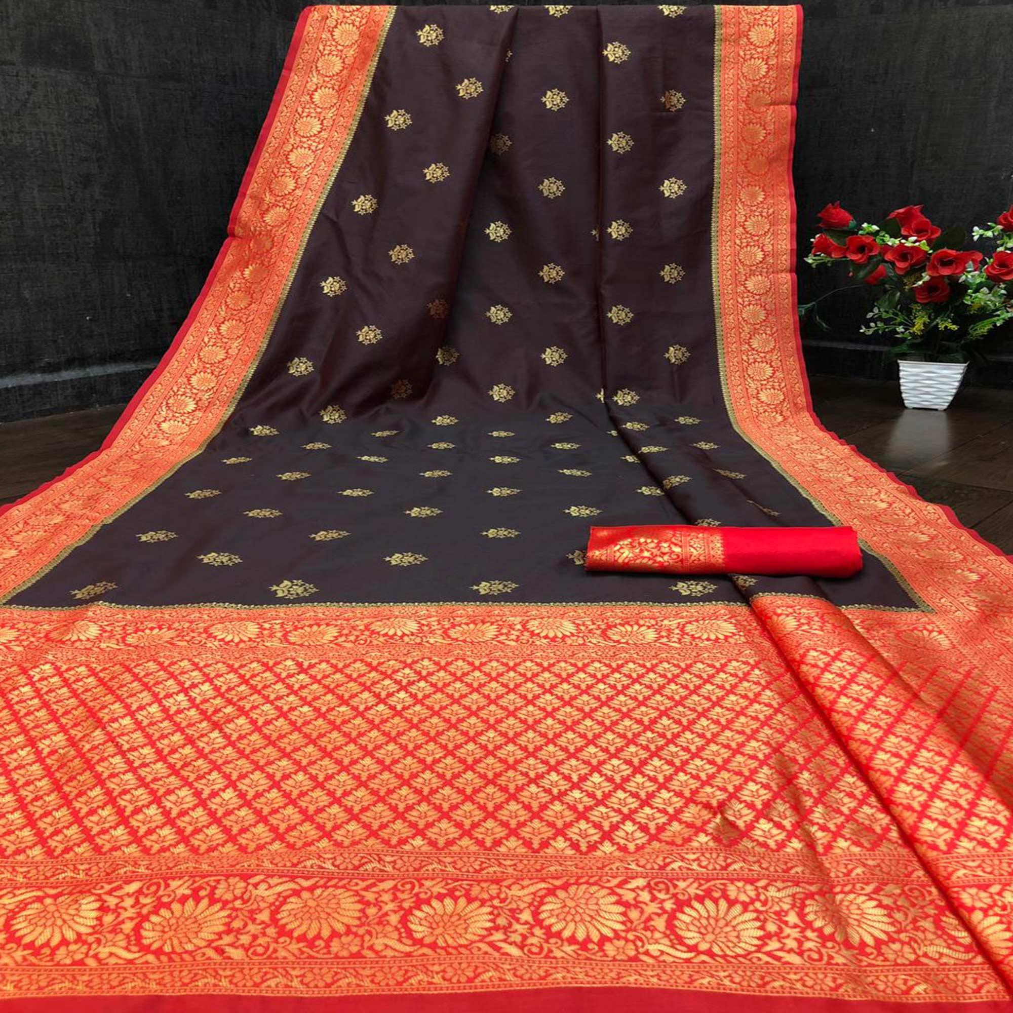 Black-Red Festive Wear Woven Floral Designer Border Soft Lichi Silk Saree - Peachmode