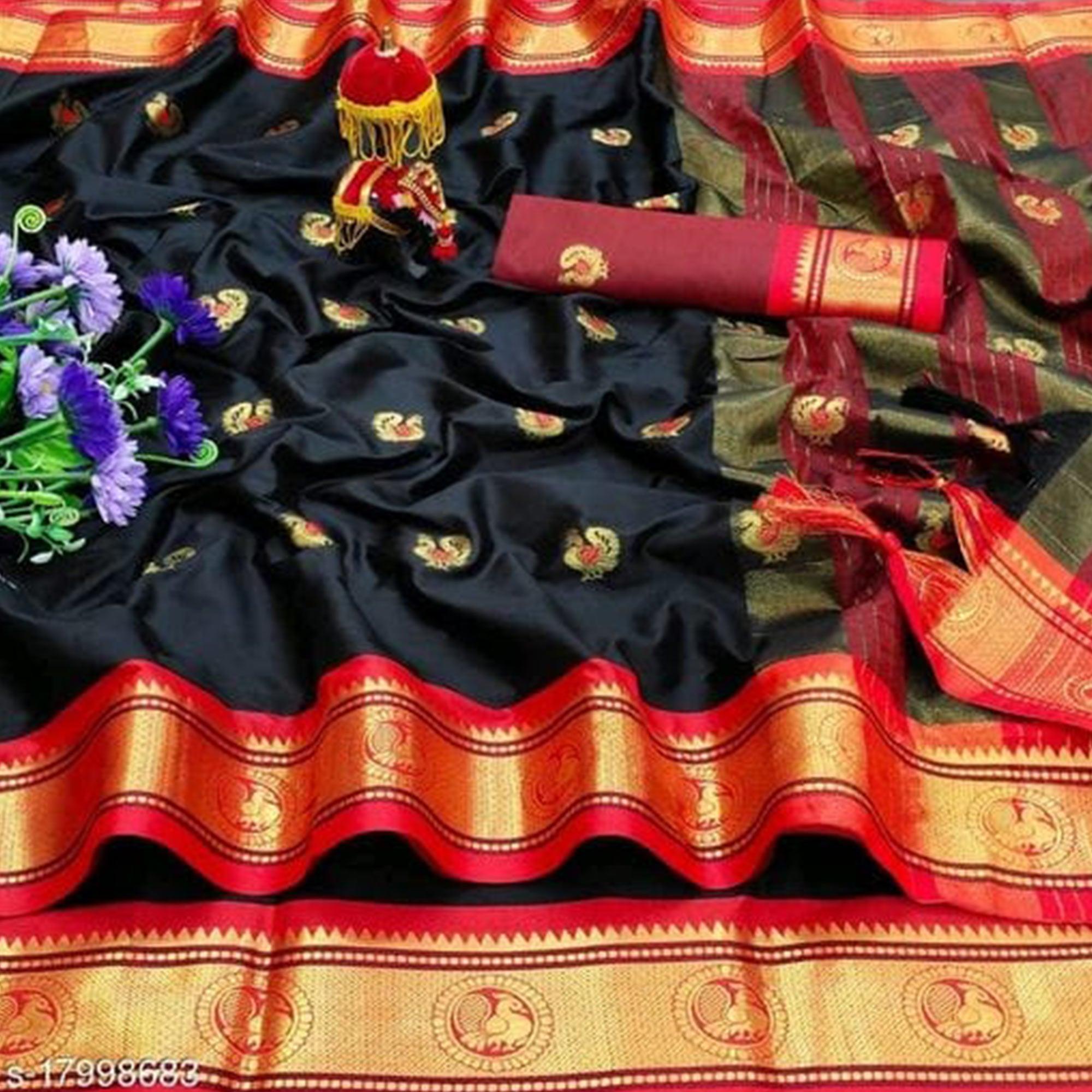 Black - Red Festive Wear Woven Soft Cotton Saree With Border - Peachmode