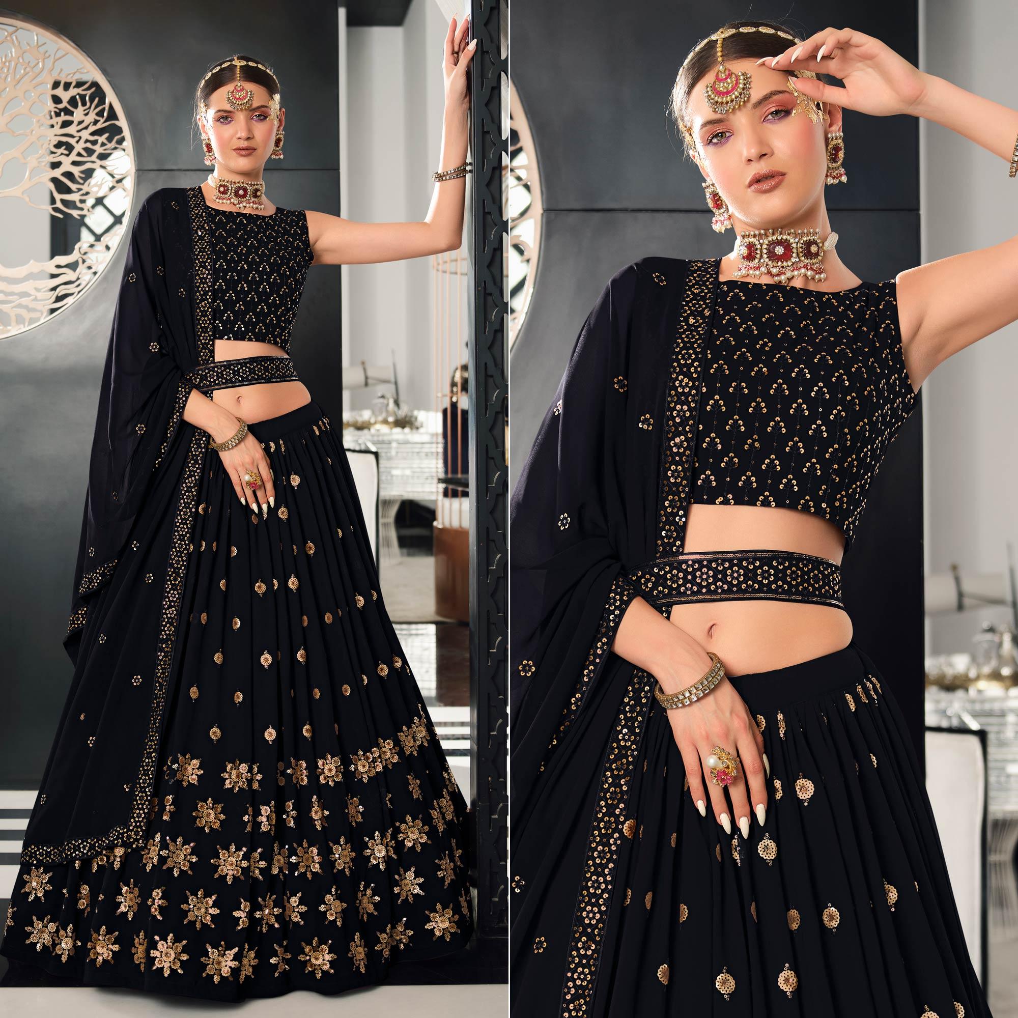 Black Sequence Embroidered Georgette Lehenga Choli - Peachmode