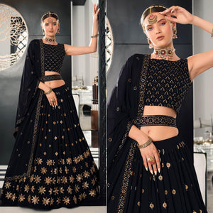 Black Sequence Embroidered Georgette Lehenga Choli - Peachmode