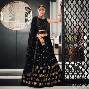 Black Sequence Embroidered Georgette Lehenga Choli - Peachmode
