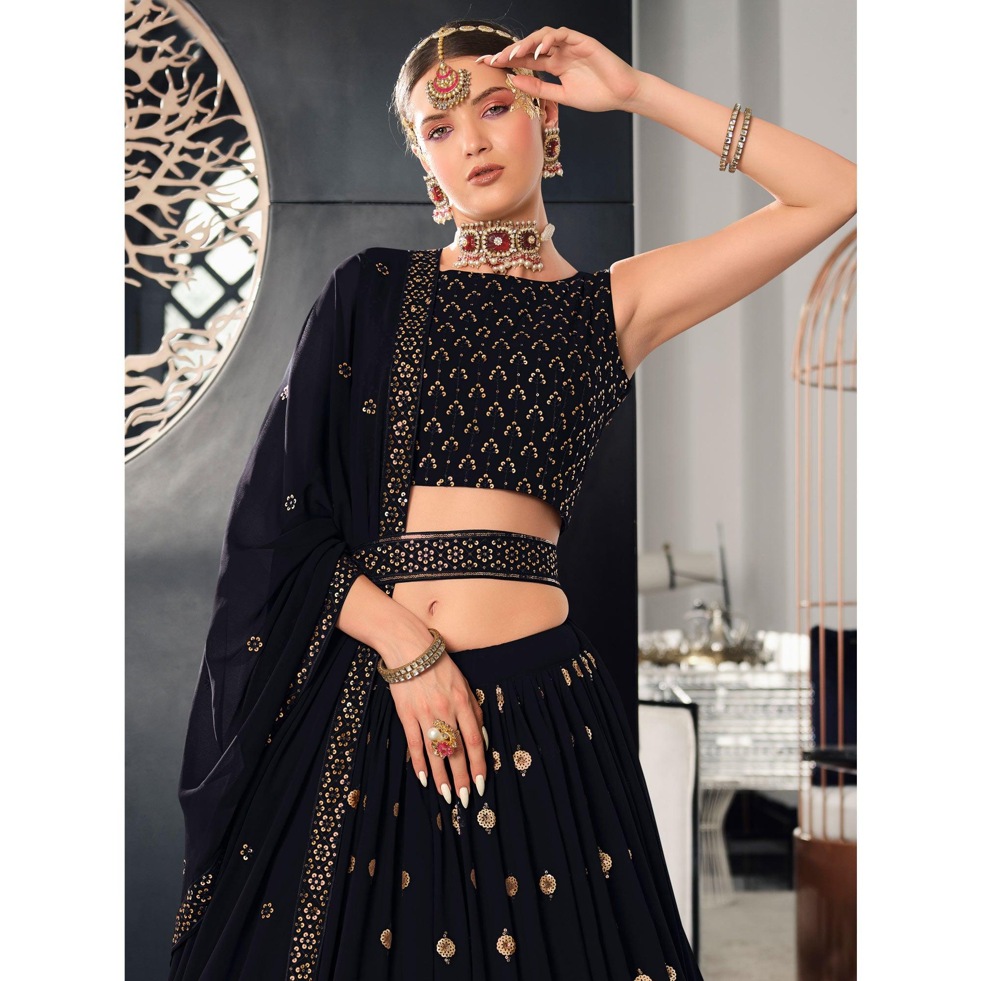 Black Sequence Embroidered Georgette Lehenga Choli - Peachmode