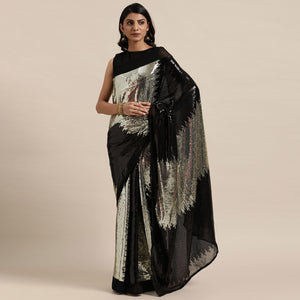 Black Sequence Embroidered Georgette Saree - Peachmode