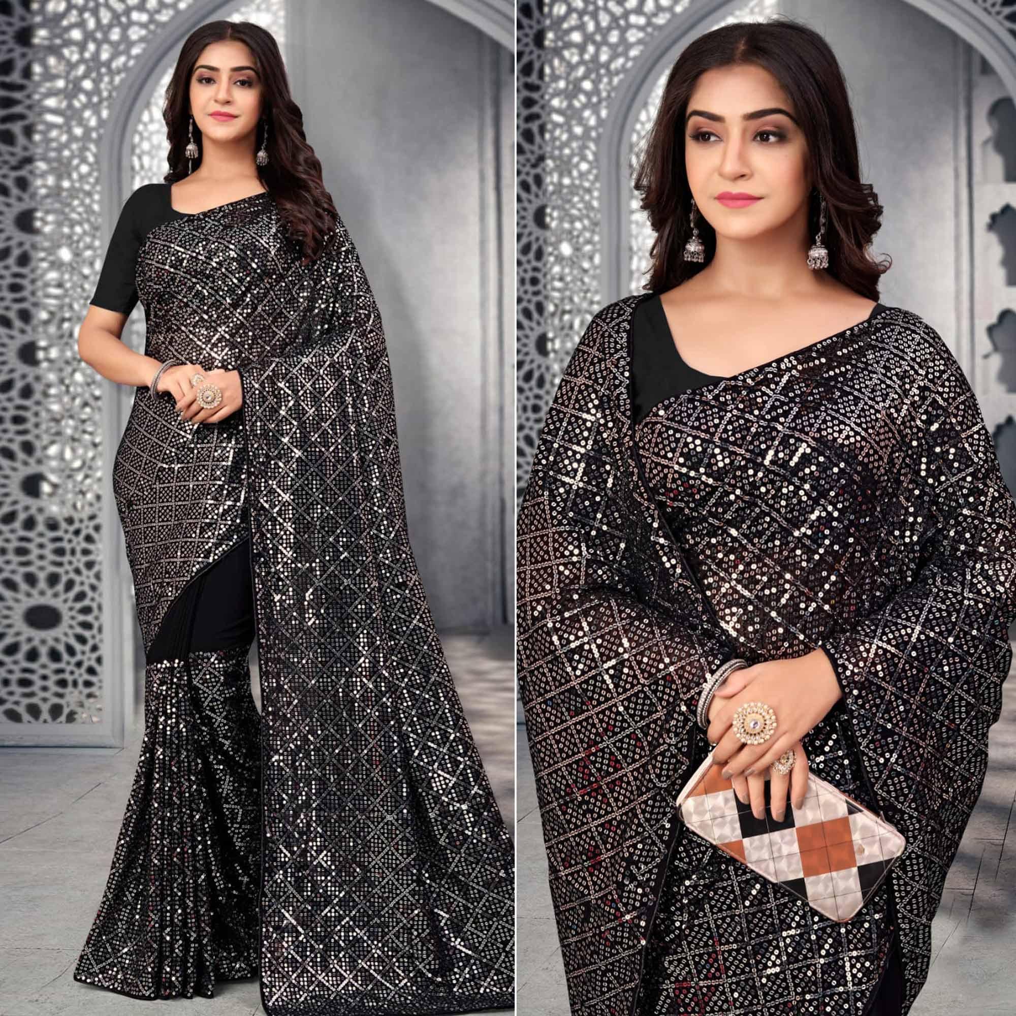 Black Sequence Embroidered Georgette Saree - Peachmode