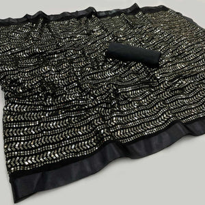 Black Sequence Embroidered Georgette Saree - Peachmode