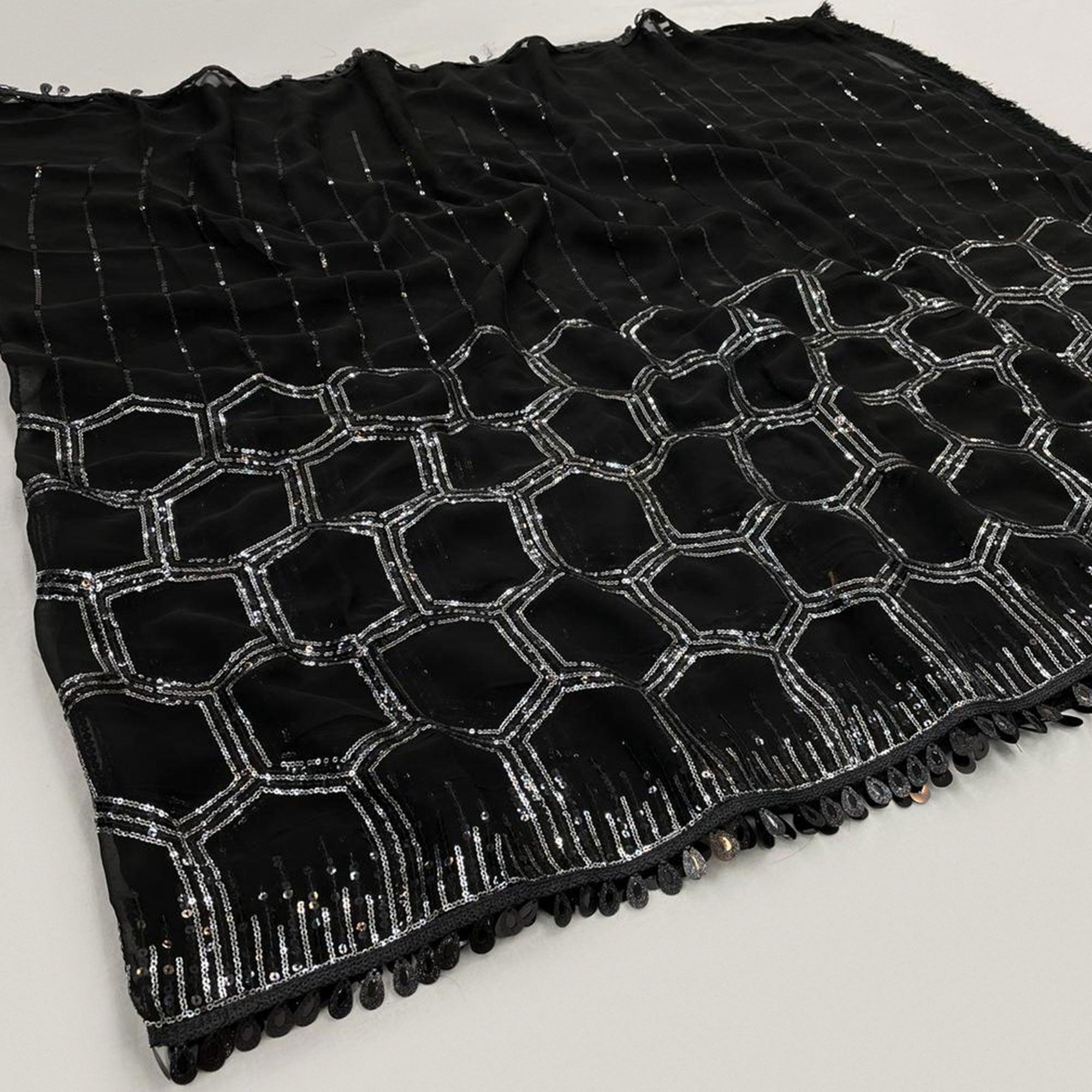 Black Sequence Embroidered Georgette Saree - Peachmode