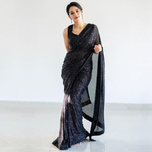 Black Sequence Embroidered Georgette Saree - Peachmode
