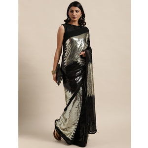Black Sequence Embroidered Georgette Saree - Peachmode