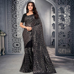 Black Sequence Embroidered Georgette Saree - Peachmode