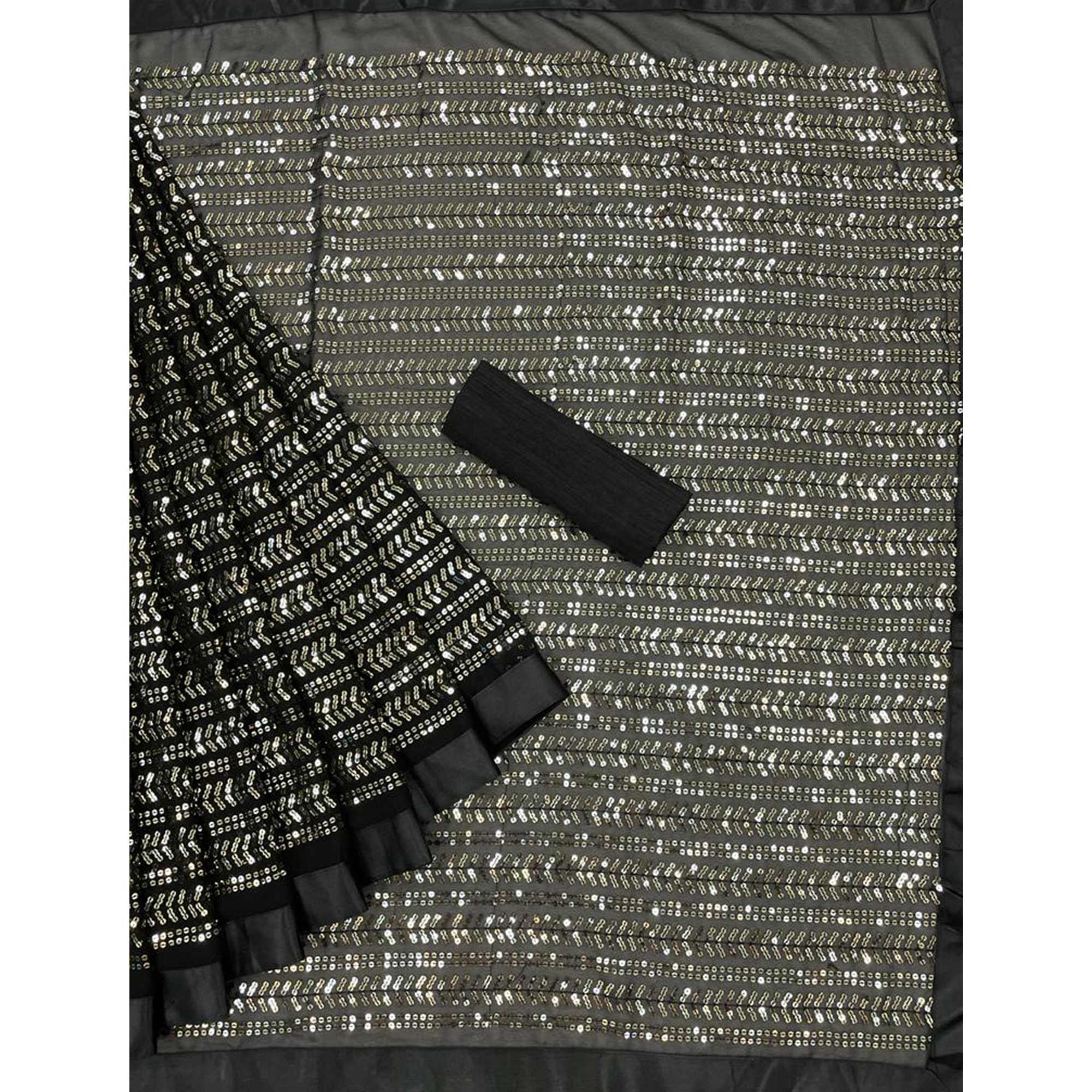 Black Sequence Embroidered Georgette Saree - Peachmode