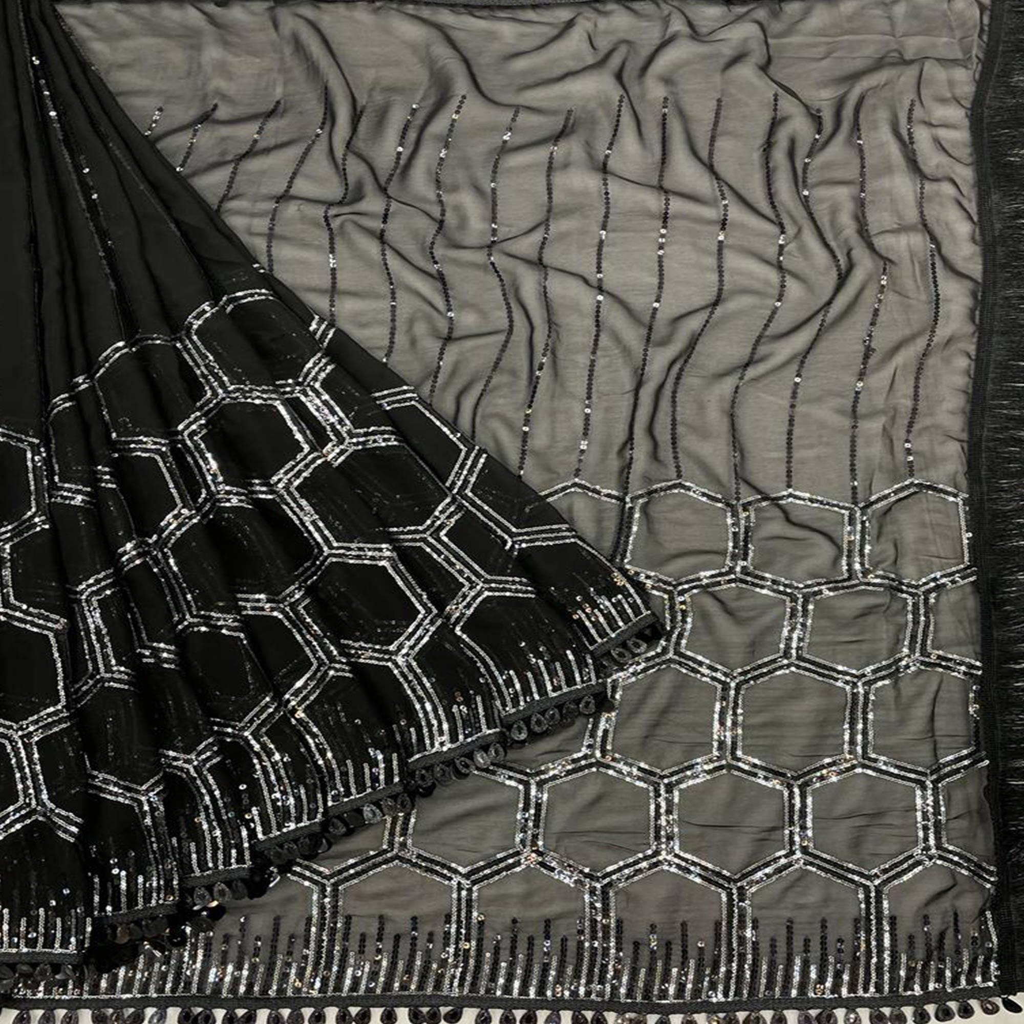 Black Sequence Embroidered Georgette Saree - Peachmode