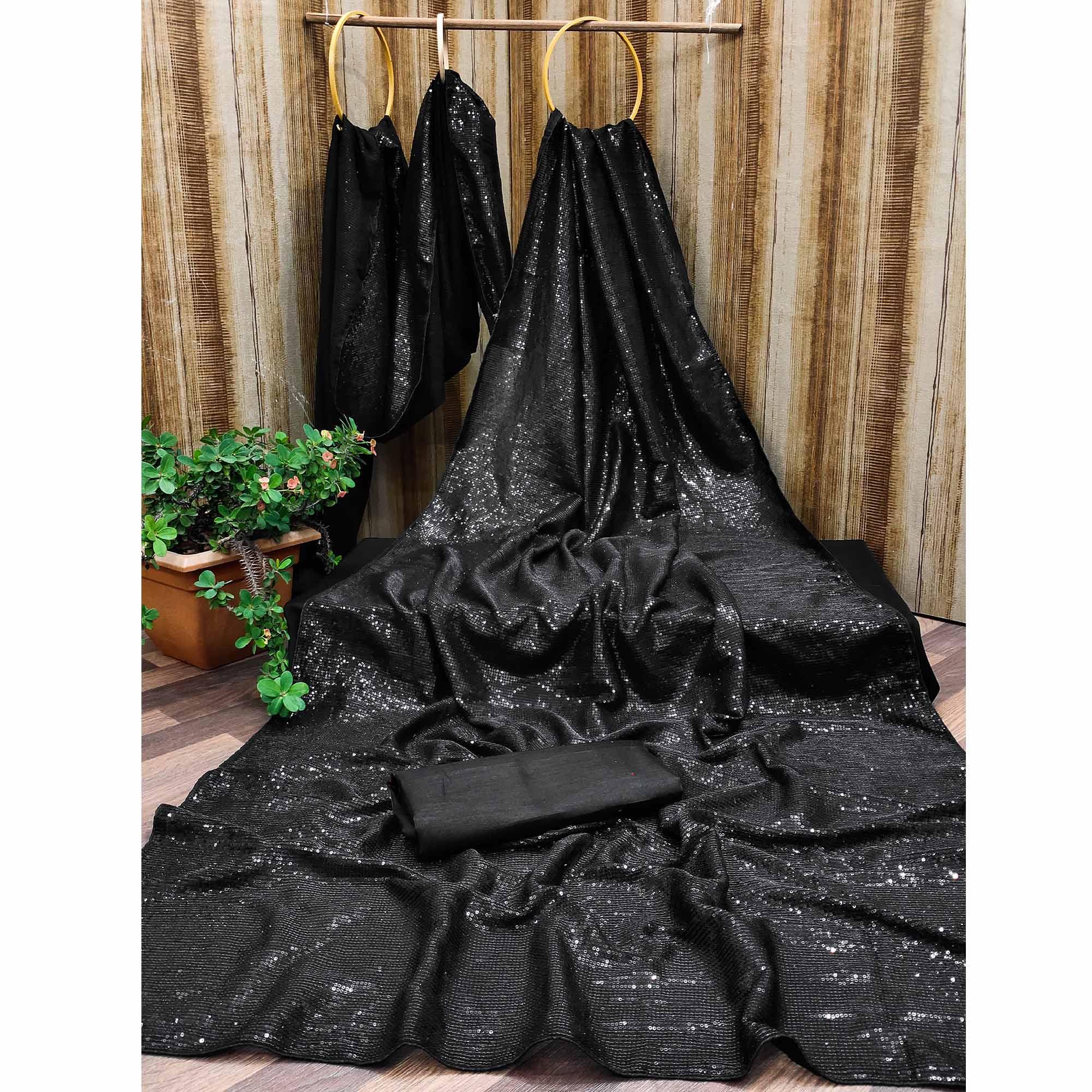Black Sequence Embroidered Georgette Saree - Peachmode