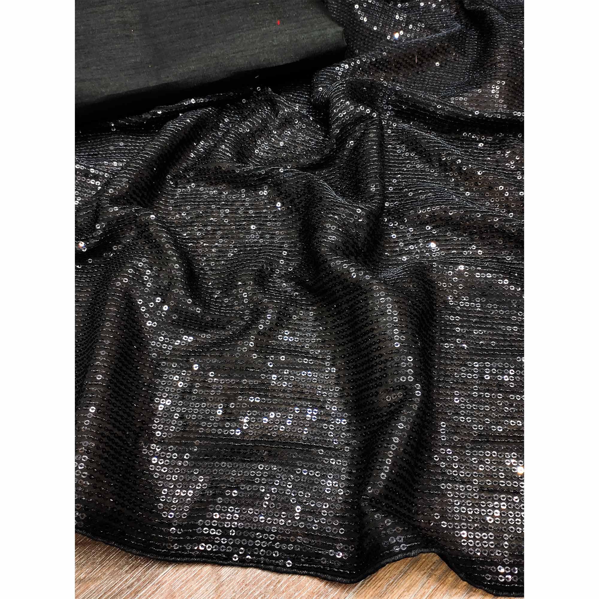 Black Sequence Embroidered Georgette Saree - Peachmode