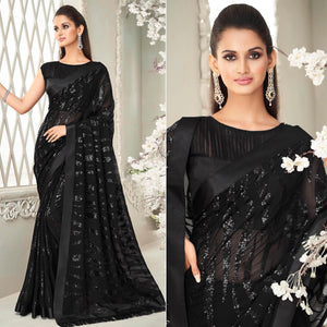 Black Sequence Embroidered Georgette Saree With Tassels - Peachmode