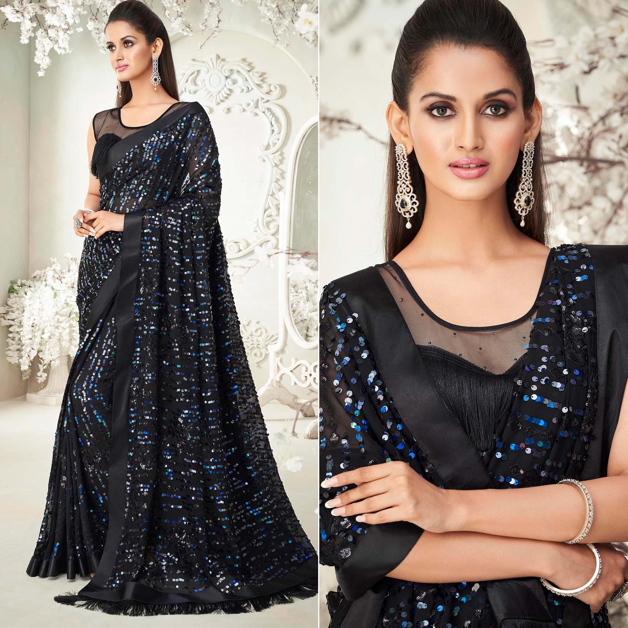 Black Sequence Embroidered Georgette Saree With Tassels - Peachmode