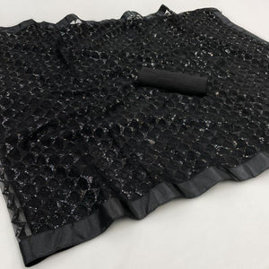 Black Sequence Embroidered Net Saree - Peachmode