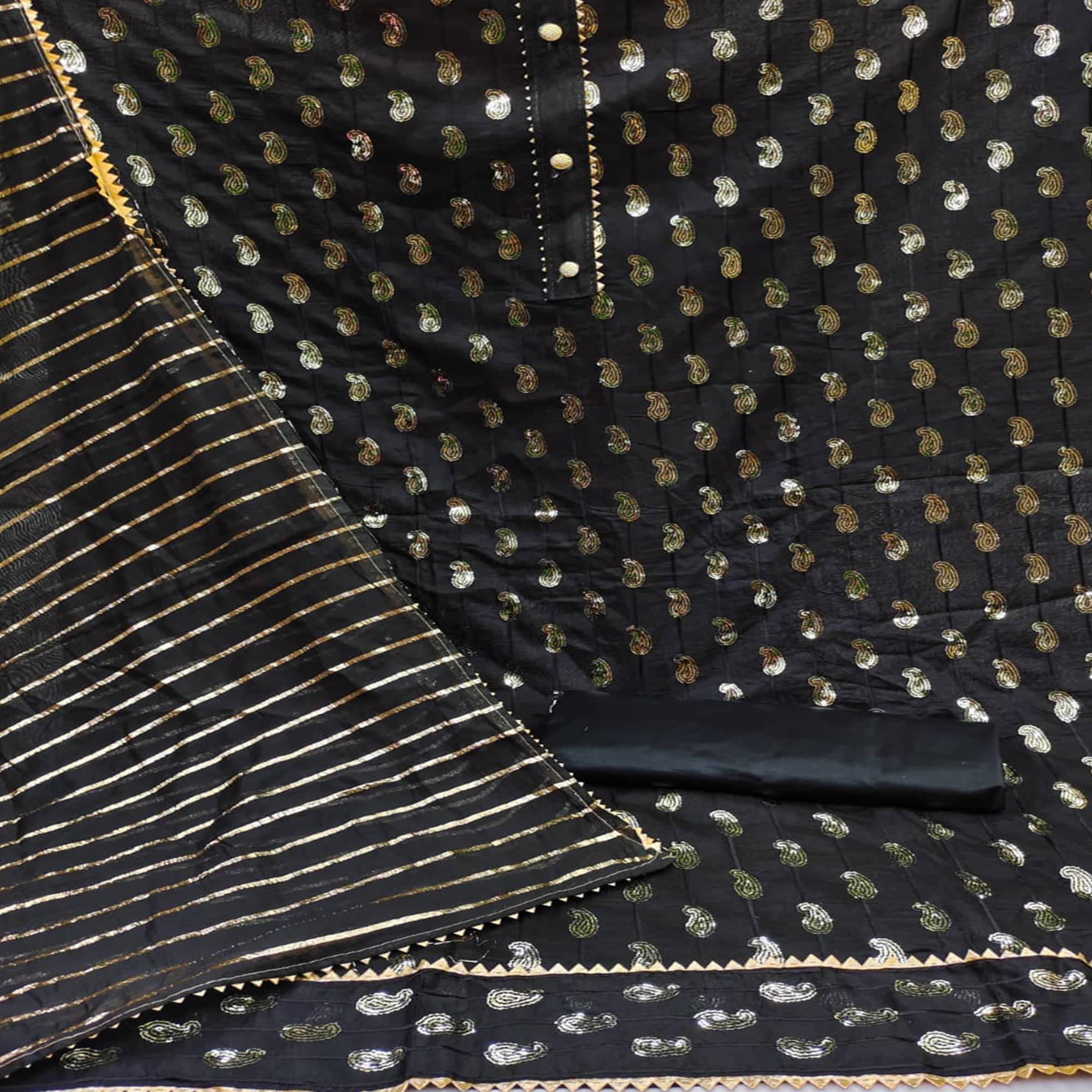 Black Sequence Embroidered Pure Cotton Dress Material - Peachmode