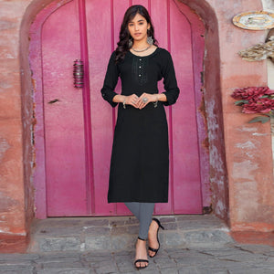 Black Sequence Embroidered Pure Cotton Kurti - Peachmode