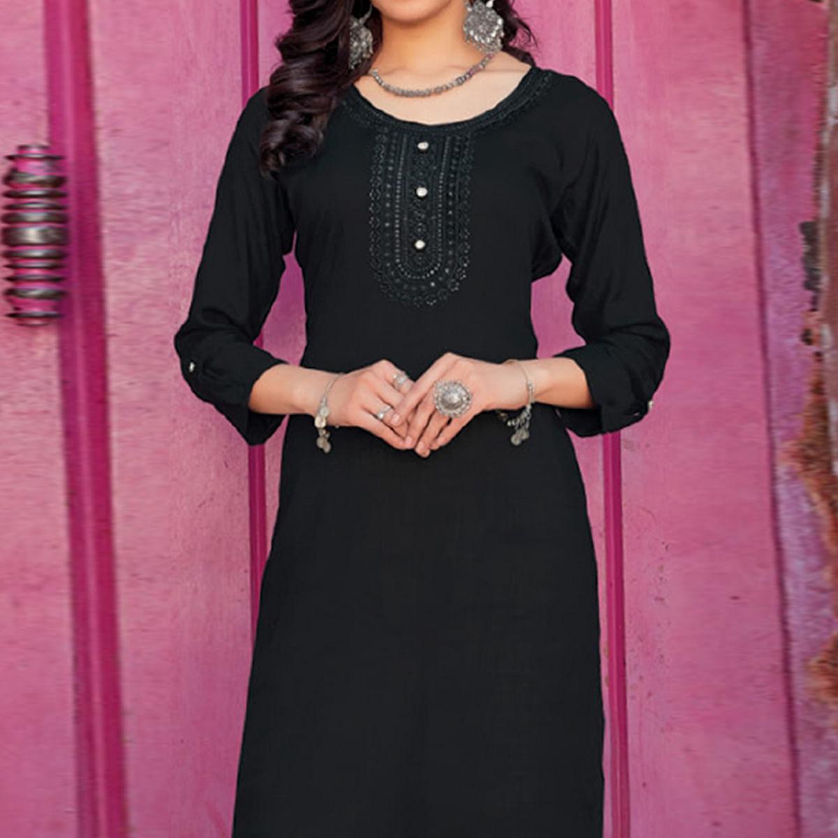 Black Sequence Embroidered Pure Cotton Kurti - Peachmode