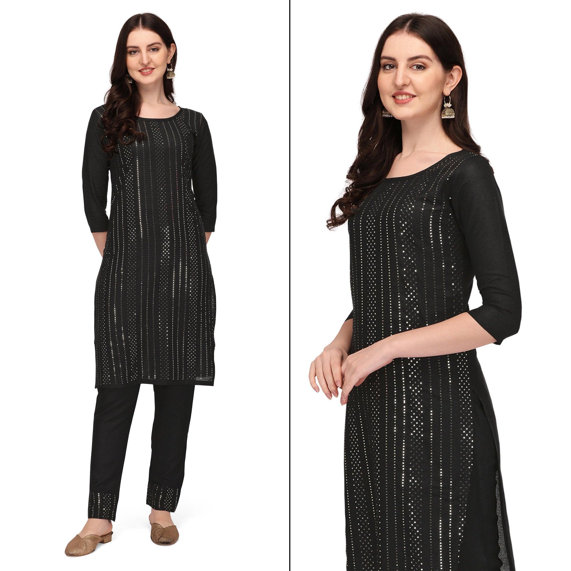 Black Sequence Embroidered Rayon Kurti Pant Set - Peachmode