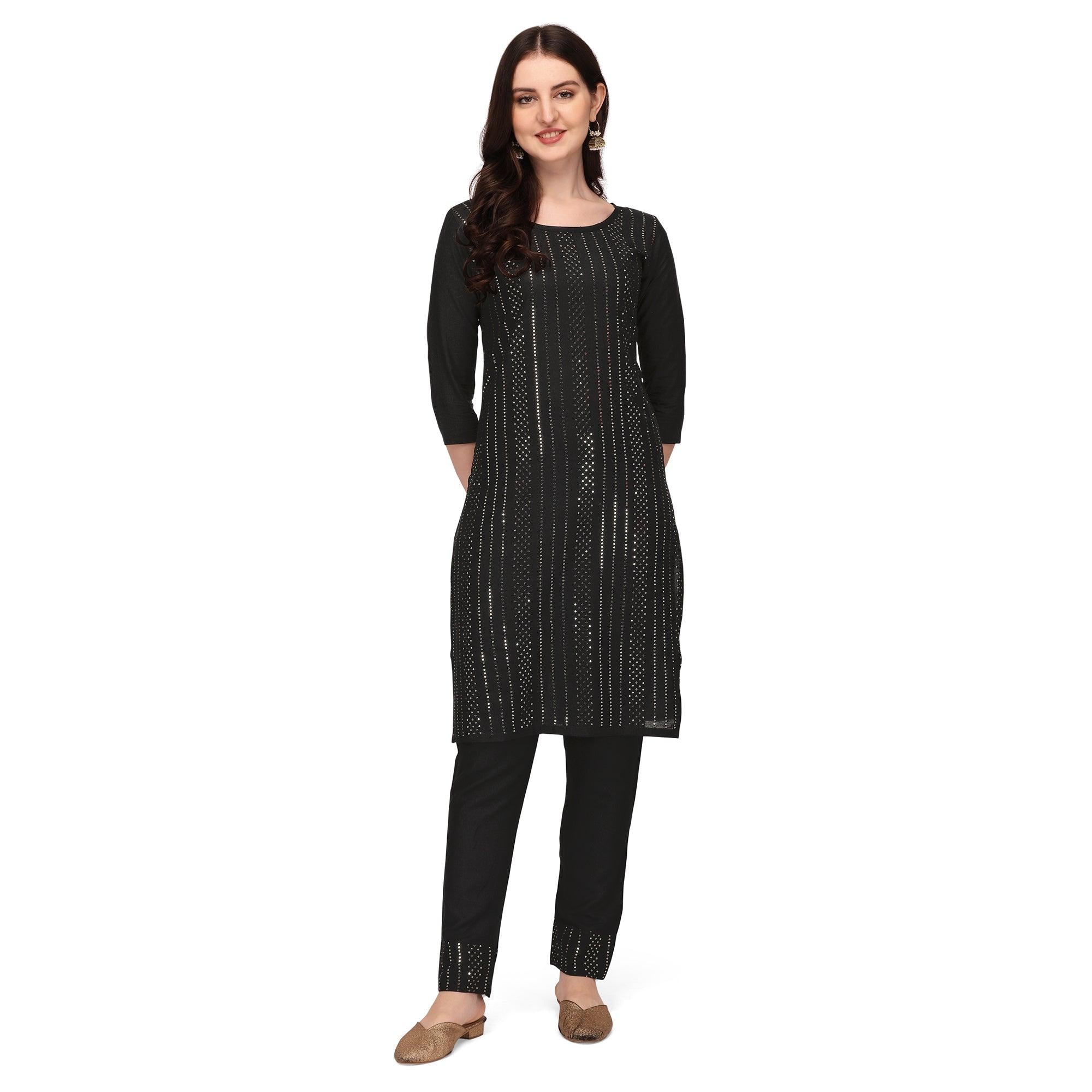 Black Sequence Embroidered Rayon Kurti Pant Set - Peachmode