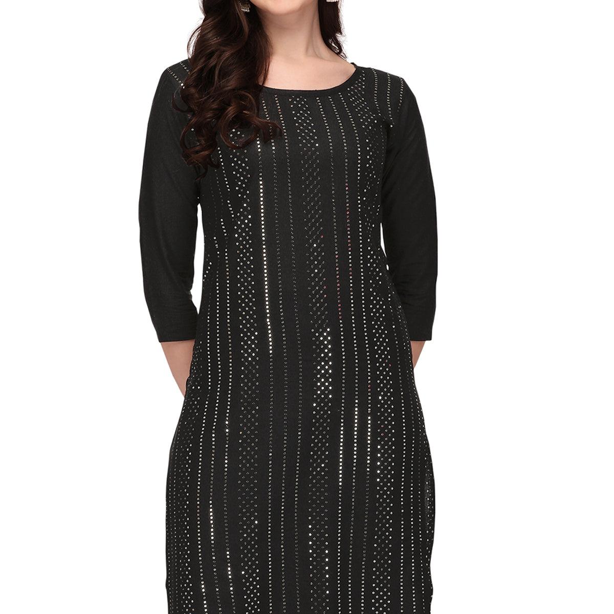 Black Sequence Embroidered Rayon Kurti Pant Set - Peachmode