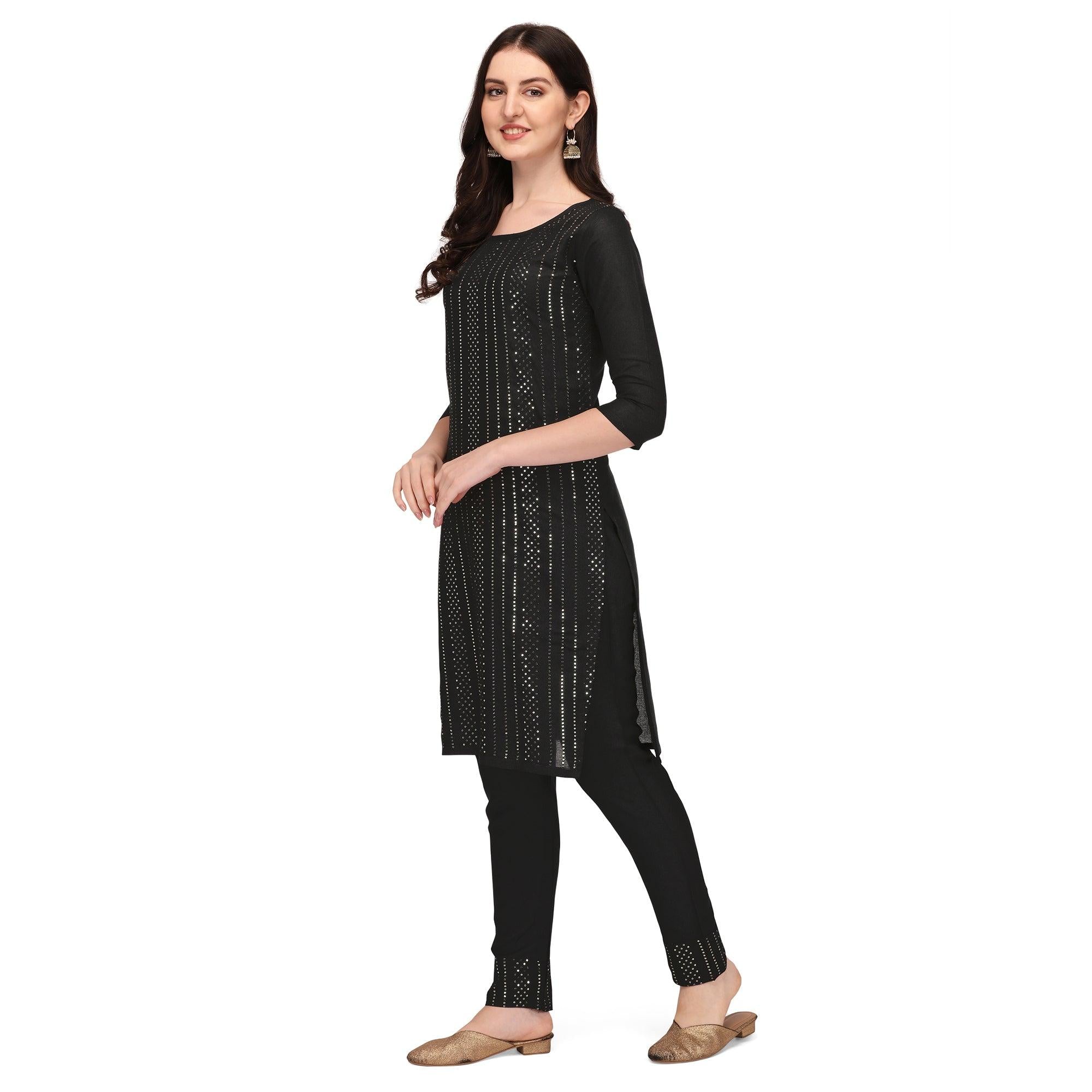 Black Sequence Embroidered Rayon Kurti Pant Set - Peachmode
