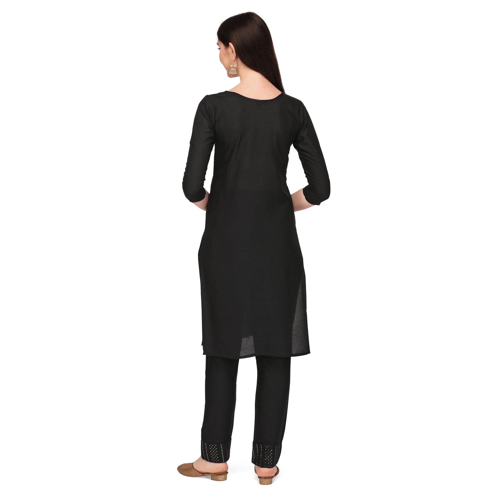 Black Sequence Embroidered Rayon Kurti Pant Set - Peachmode