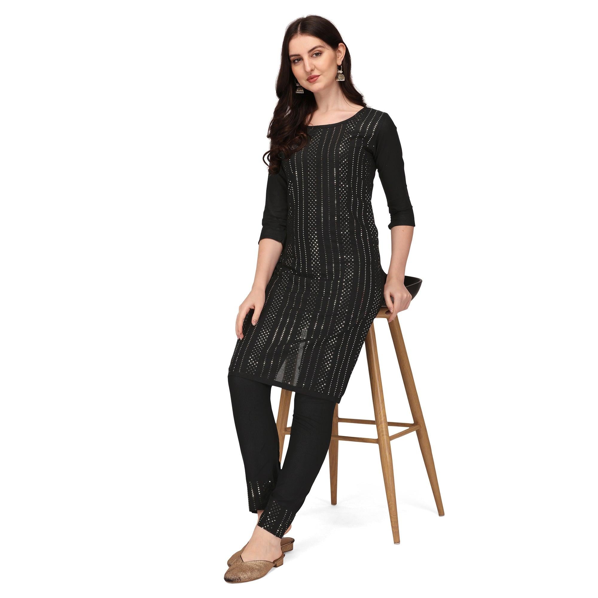 Black Sequence Embroidered Rayon Kurti Pant Set - Peachmode
