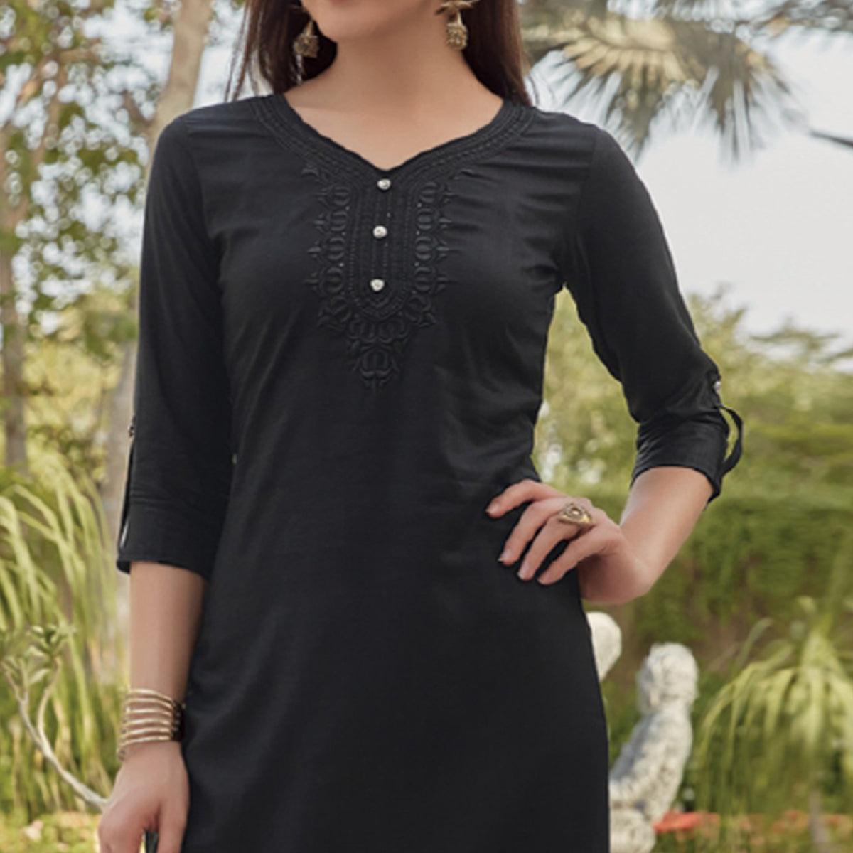 Black Sequence Embroidered Rayon Kurti - Peachmode