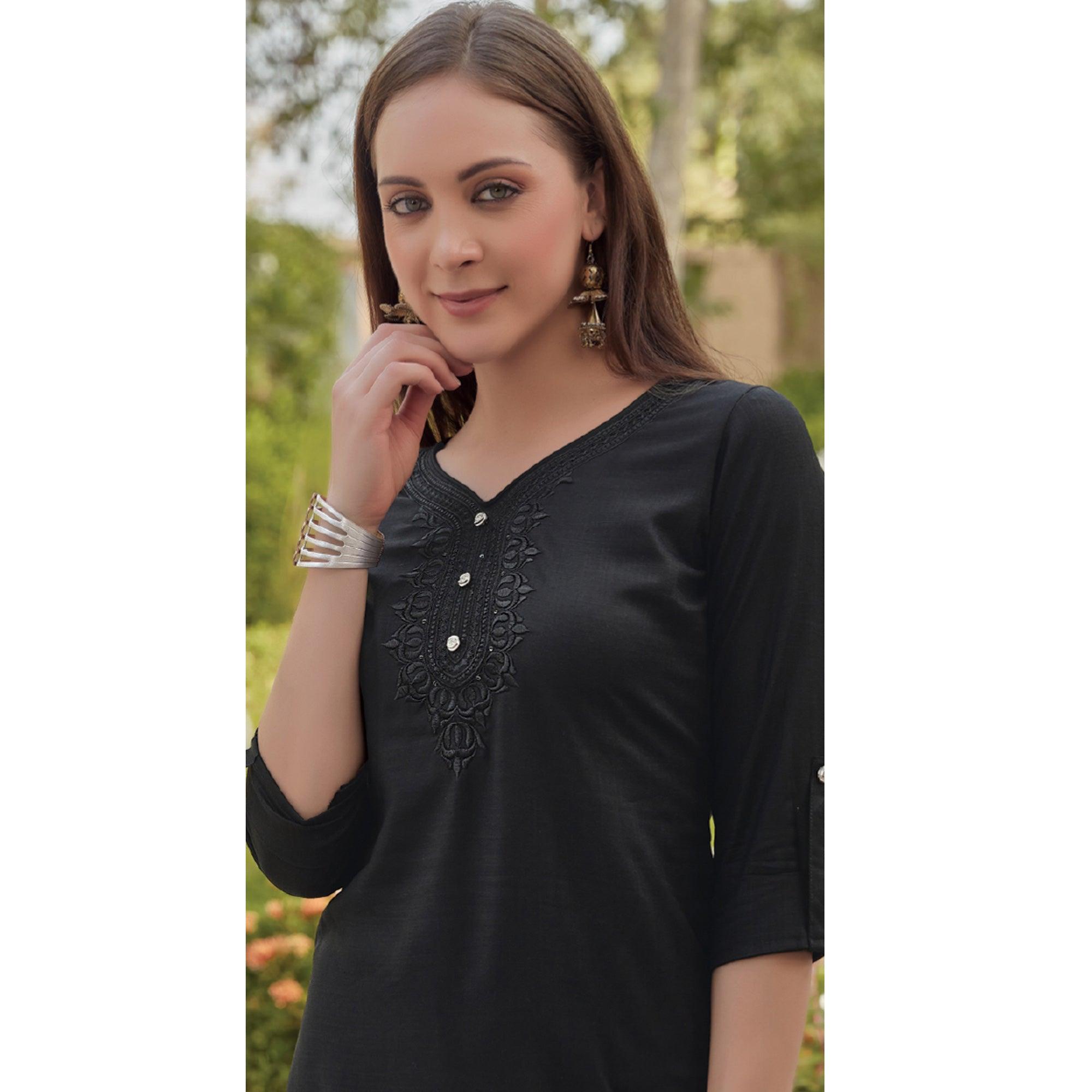 Black Sequence Embroidered Rayon Kurti - Peachmode