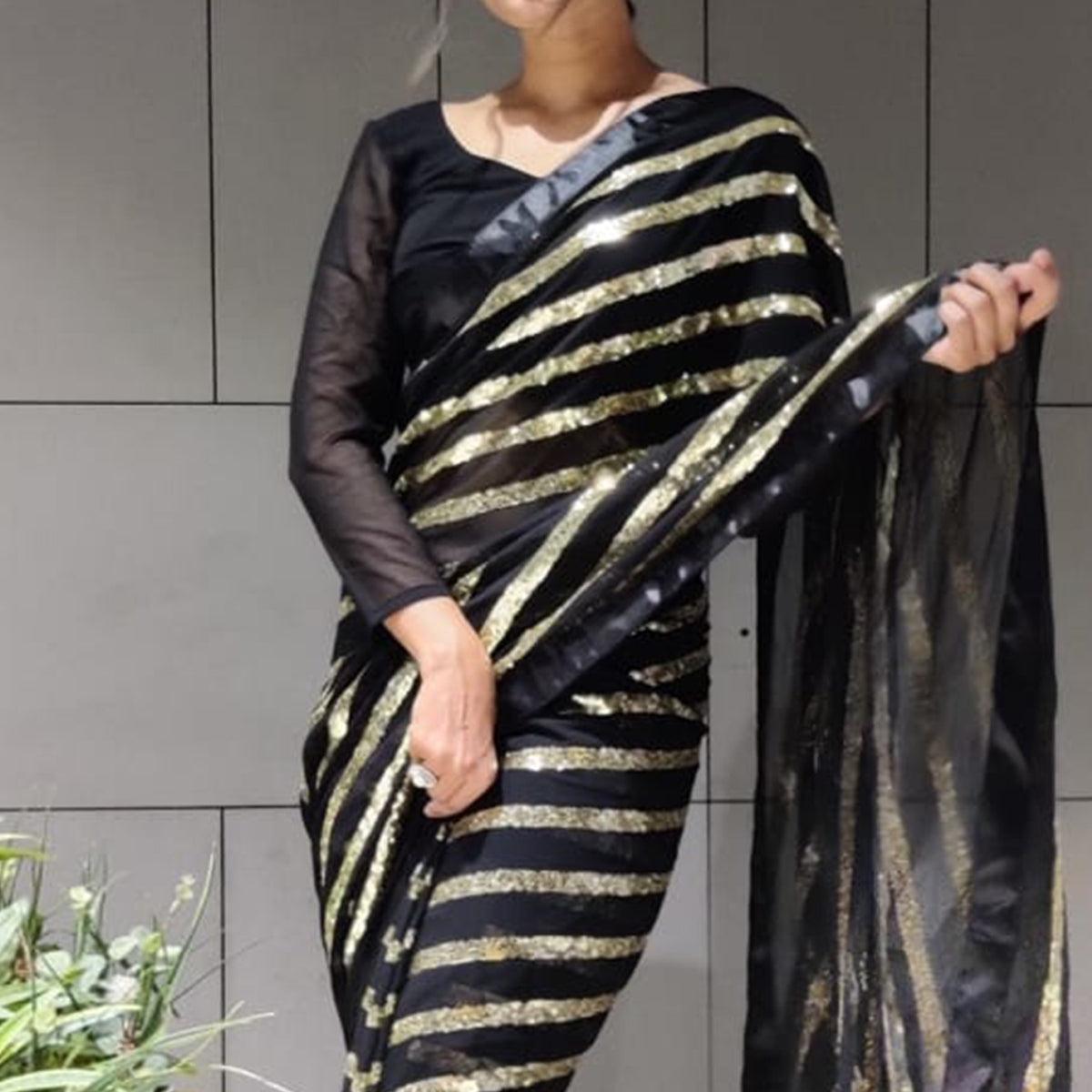 Black Sequence Embroidered With Stripes Georgette Saree - Peachmode
